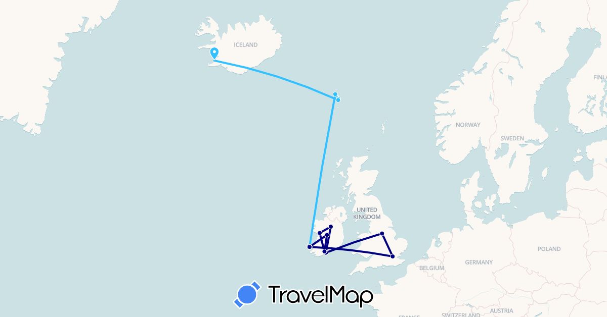 TravelMap itinerary: driving, boat in Faroe Islands, United Kingdom, Ireland, Iceland (Europe)